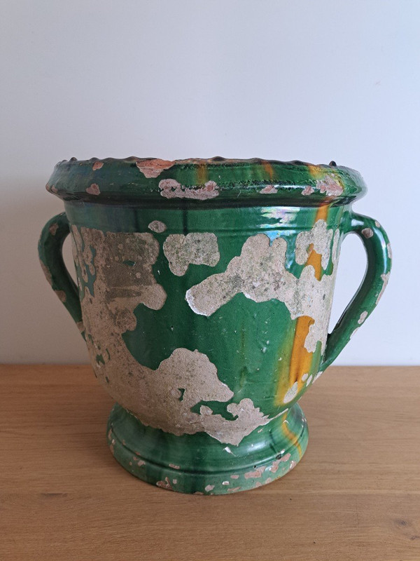 Castelnaudary, Garden Pot with Handles, Glazed Terracotta, 19th Century.