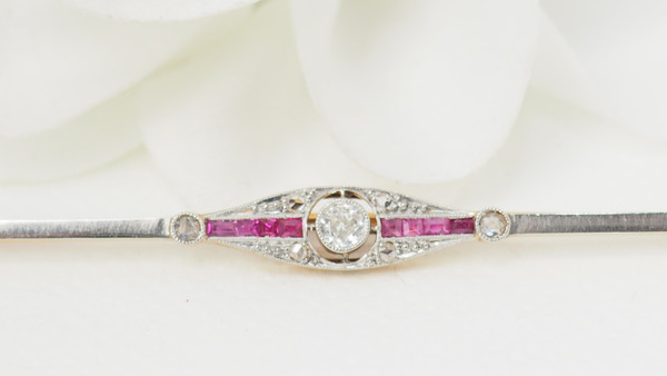 Yellow gold ruby and diamond barrette brooch