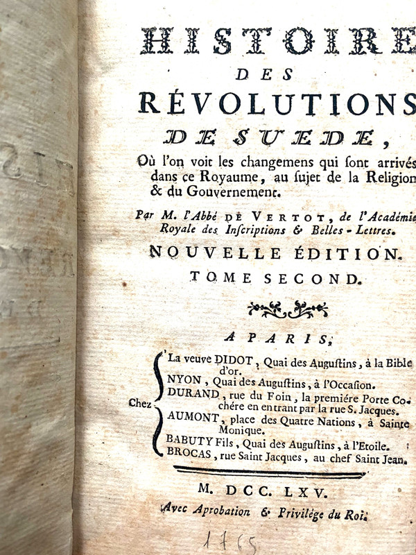 History of the Revolutions of Sweden, by M. L'Abbé Vertot in two volumes from 1765 Aux Armes de France