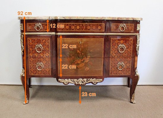  Commode en Marqueterie, style transition Louis XV / Louis XVI – Fin XIXe 