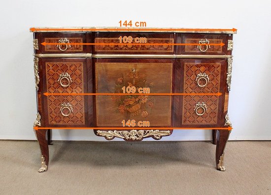  Commode en Marqueterie, style transition Louis XV / Louis XVI – Fin XIXe 