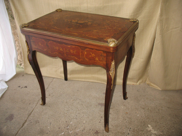 Louis XV style gilt bronze and marquetry games table, late 19th century period