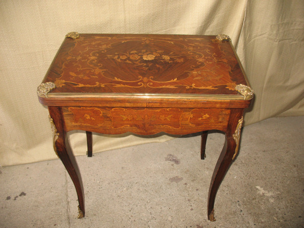 Louis XV style gilt bronze and marquetry games table, late 19th century period