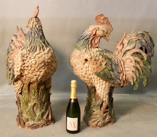 Pair Of Polychrome Terracotta Roosters 18th century