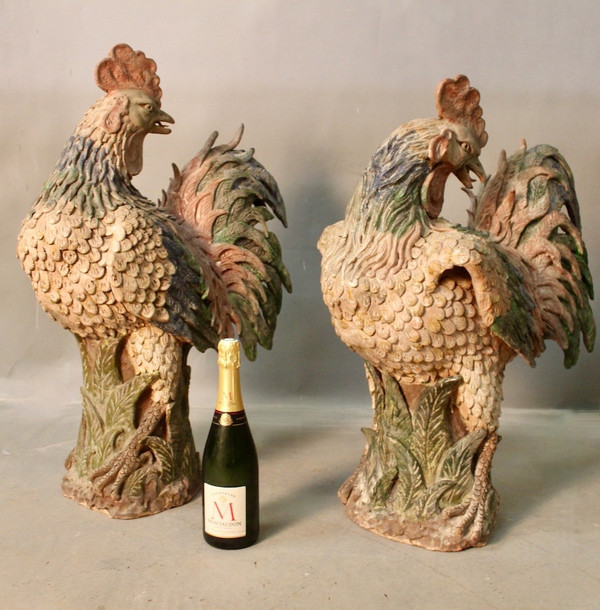 Pair Of Polychrome Terracotta Roosters 18th century