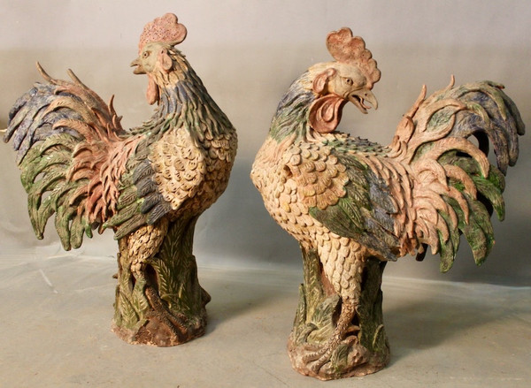 Pair Of Polychrome Terracotta Roosters 18th century