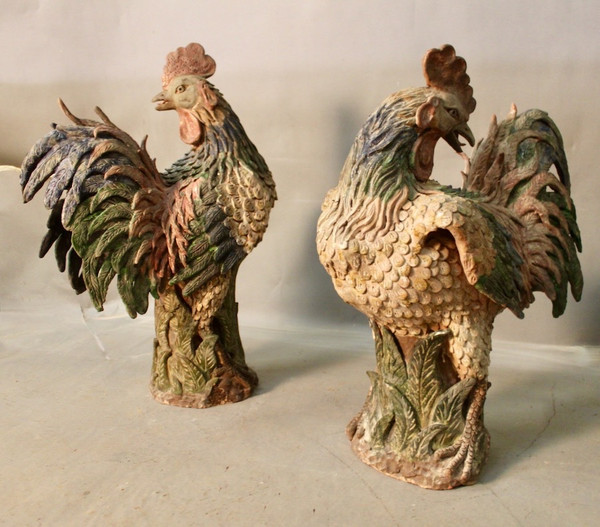 Pair Of Polychrome Terracotta Roosters 18th century