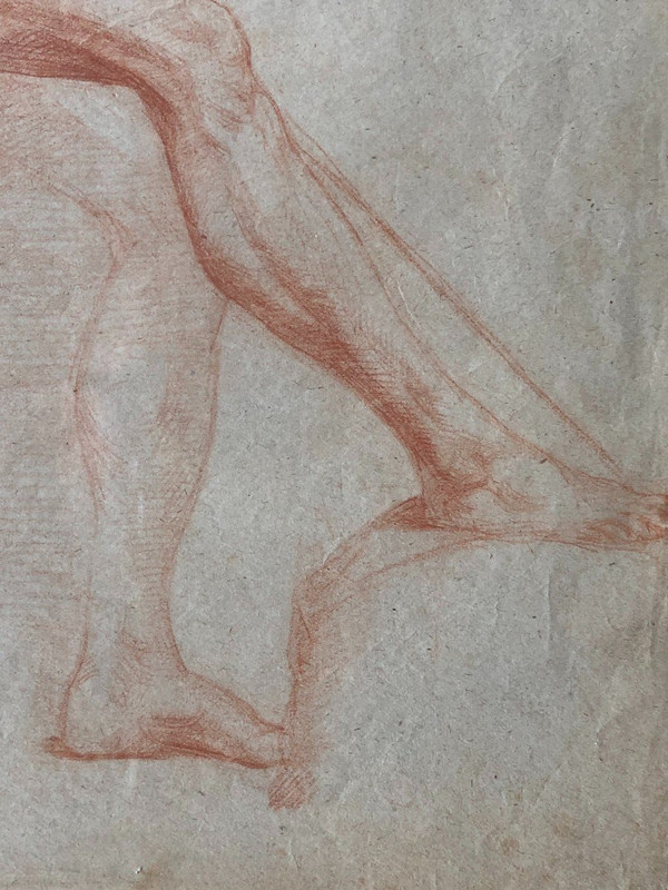 Neapolitan School - Academic Drawing of a Nude Man in Sanguine - XIXth Century