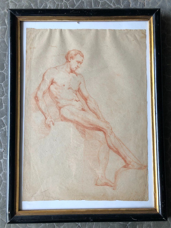 Neapolitan School - Academic Drawing of a Nude Man in Sanguine - XIXth Century