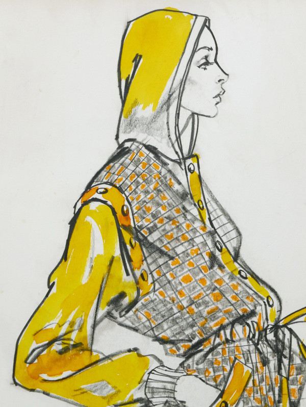 Urs SCHMID, for Yves SAINT-LAURENT, Model wearing a yellow plaid outfit with a hood.