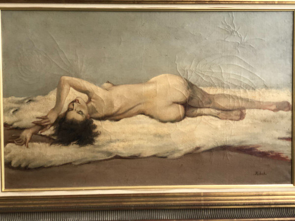 Painting On Canvas - Nude With White Bear Skin Circa 1930