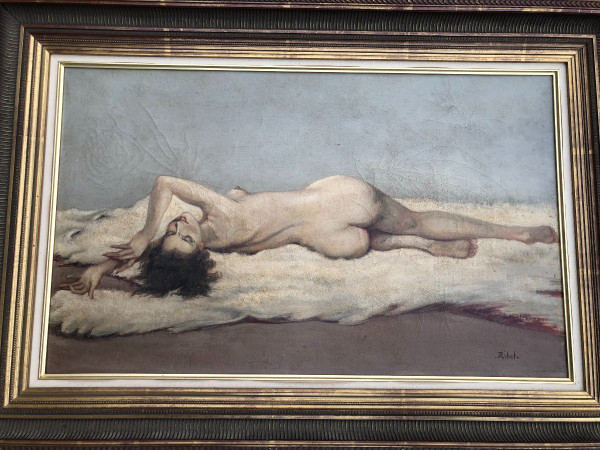 Painting On Canvas - Nude With White Bear Skin Circa 1930