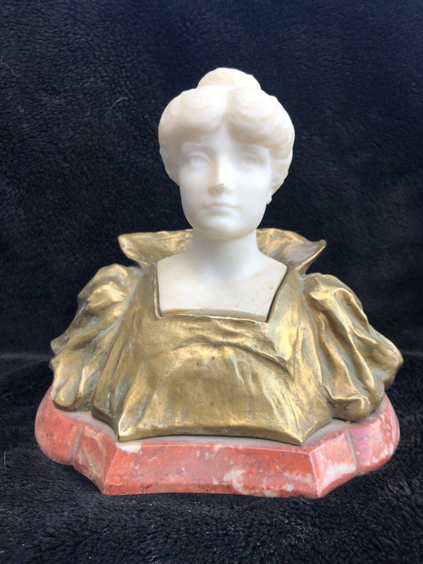 Art Nouveau Female Bust Gilt Bronze And Marble