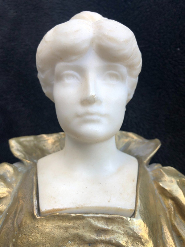 Art Nouveau Female Bust Gilt Bronze And Marble