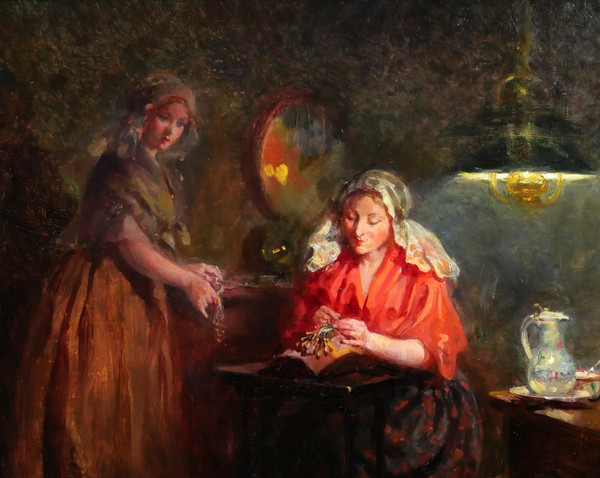 Claude Salvator HUGARD 1861 -? Netherlands, the lacemakers, evening effect, painting, circa 1910