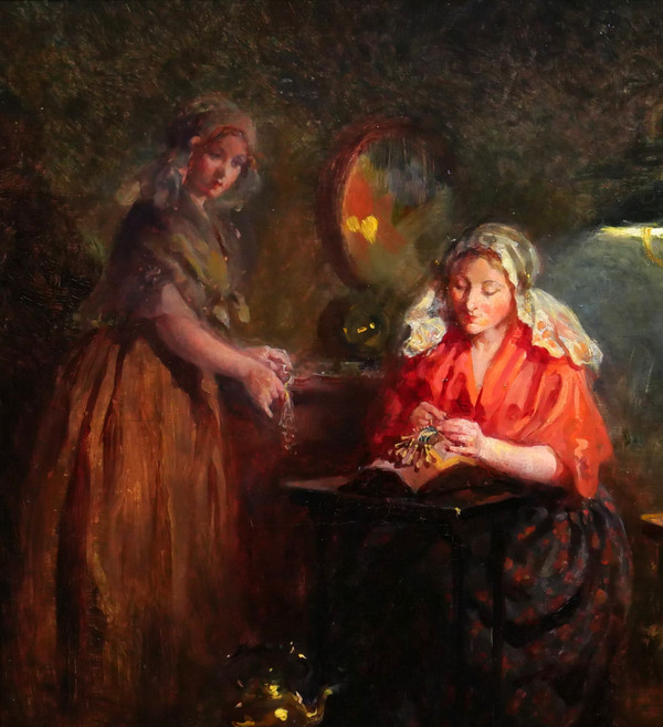 Claude Salvator HUGARD 1861 -? Netherlands, the lacemakers, evening effect, painting, circa 1910