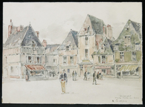 Ernest Germain VAUTHRIN, Animated view of the Place Terre au Duc in Quimper