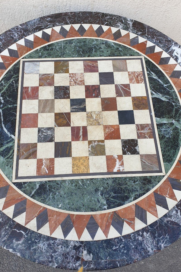 Marble Pedestal Table With Marquetry Top, 19th Century