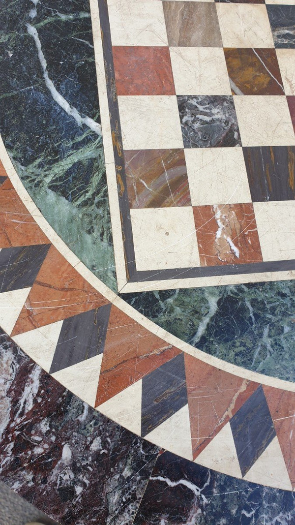 Marble Pedestal Table With Marquetry Top, 19th Century