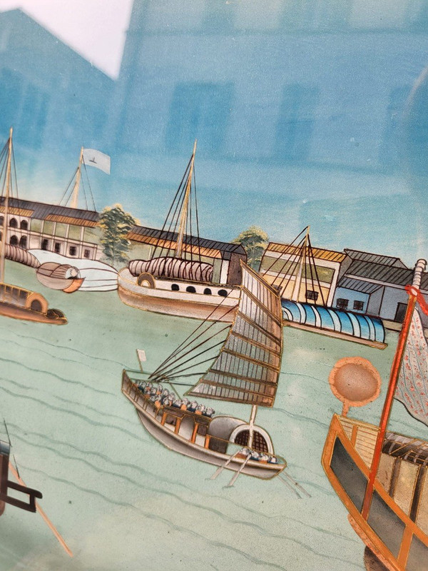 Fixed Under Glass View of a Port in Asia, 20th Century