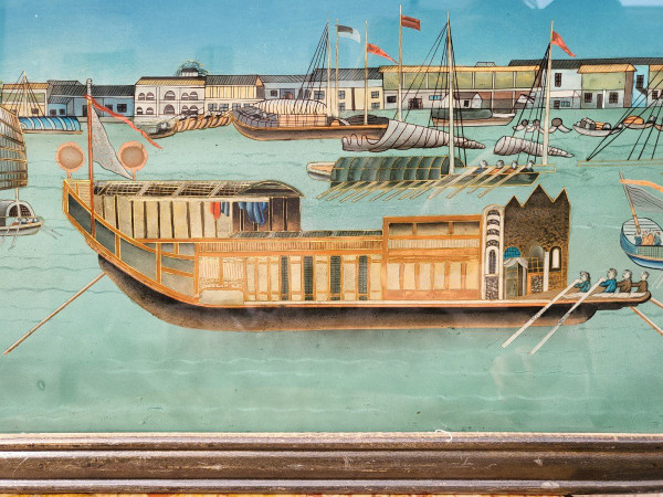 Fixed Under Glass View of a Port in Asia, 20th Century