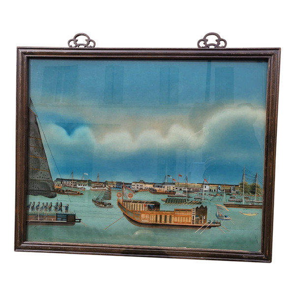 Fixed Under Glass View of a Port in Asia, 20th Century