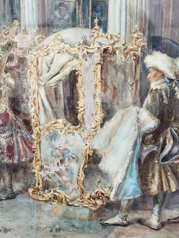 C Fabini, Watercolor, The sedan chair, Late 19th Century