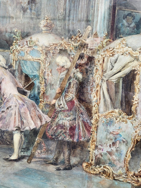 C Fabini, Watercolor, The sedan chair, Late 19th Century