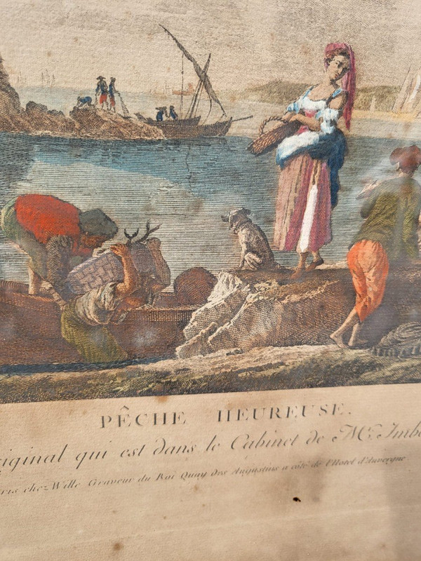 Suite De 4 Gravures Encadrées, La Pêche, XIXème Siècle