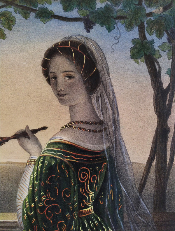 Watercolored Lithograph Italian Woman With A Fan