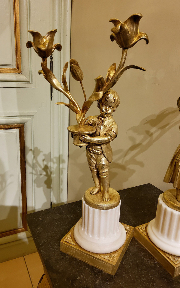 Pair of "Enfants Jardiniers" gilded bronze and marble Candelabras Late Louis XVI period