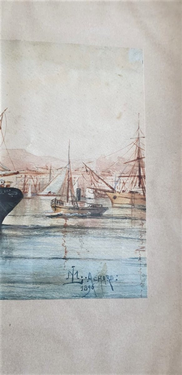 M Achard, Port De Marseille - Fort Saint Jean, Aquarelle Signée XIXème siècle