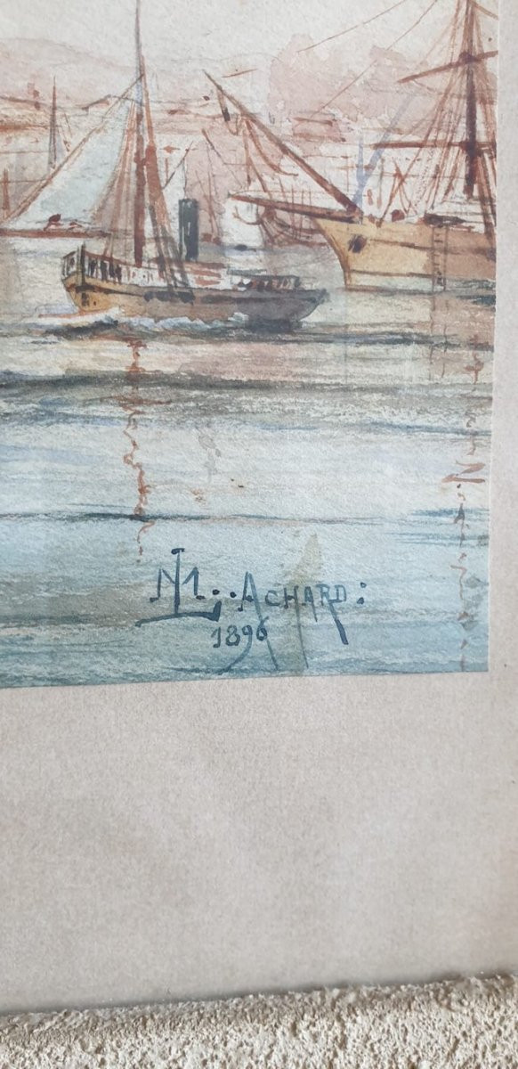 M Achard, Port De Marseille - Fort Saint Jean, Aquarelle Signée XIXème siècle