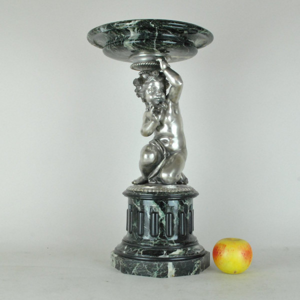 Marble Cup And Putto In Silvered Bronze, 19th Century