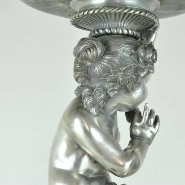 Marble Cup And Putto In Silvered Bronze, 19th Century