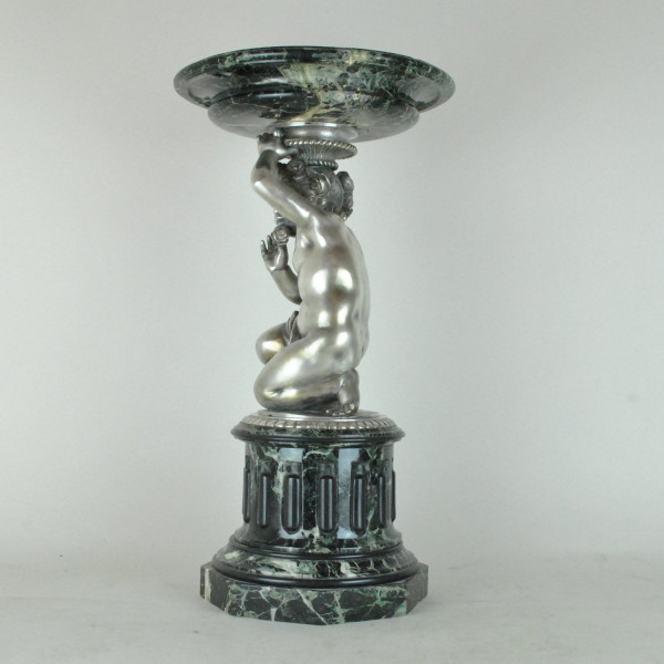 Marble Cup And Putto In Silvered Bronze, 19th Century