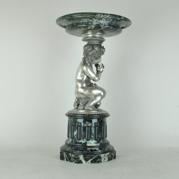 Marble Cup And Putto In Silvered Bronze, 19th Century