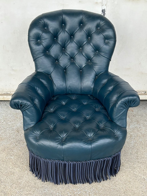 Napoleon III Armchair - Chesterfield Style Leather - Late 19th Century