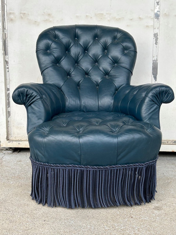 Napoleon III Armchair - Chesterfield Style Leather - Late 19th Century