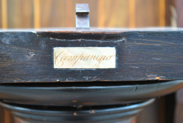 "Campanino" table in exotic wood marquetry, signed, 19th century