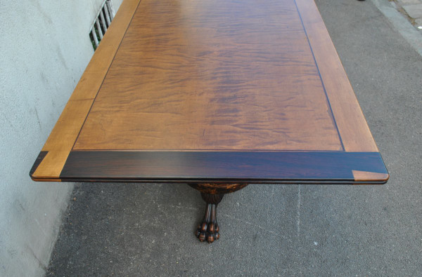 "Campanino" table in exotic wood marquetry, signed, 19th century