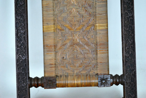 Folding Chair In Carved Exotic Wood And Canework, Asia, Late 19th/early 20th Century