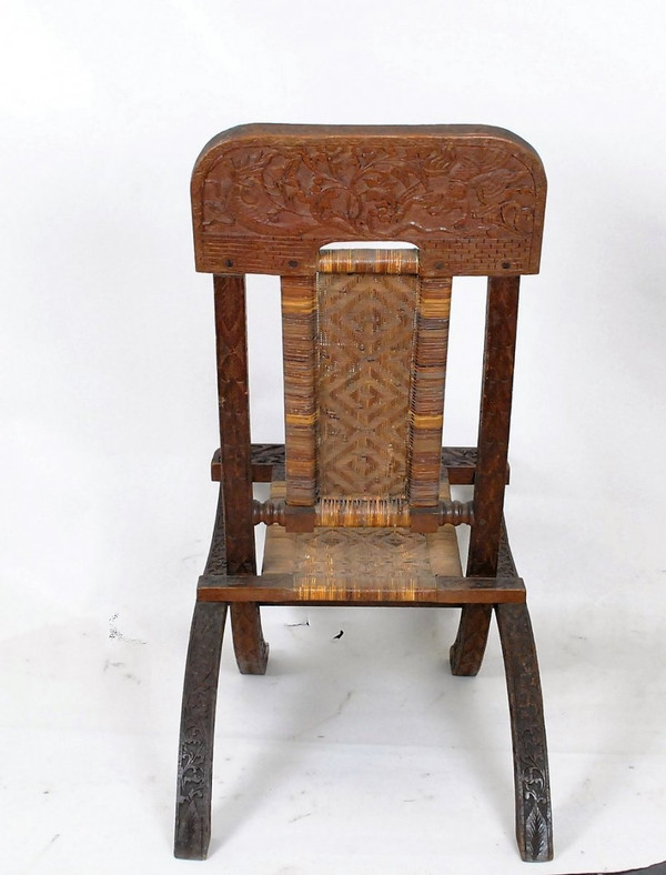 Folding Chair In Carved Exotic Wood And Canework, Asia, Late 19th/early 20th Century