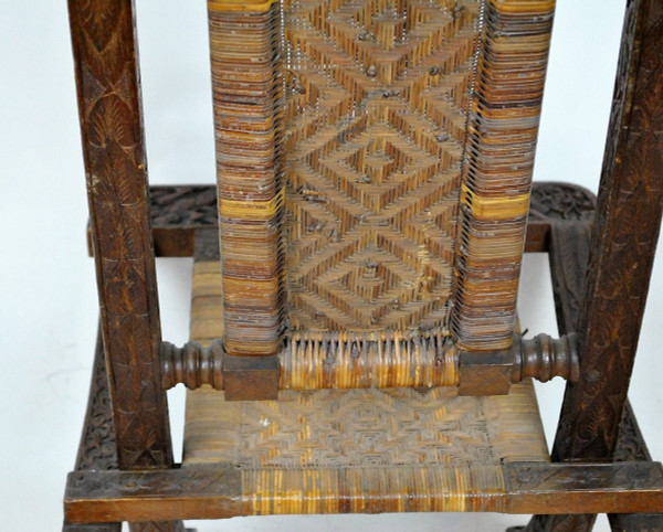 Folding Chair In Carved Exotic Wood And Canework, Asia, Late 19th/early 20th Century