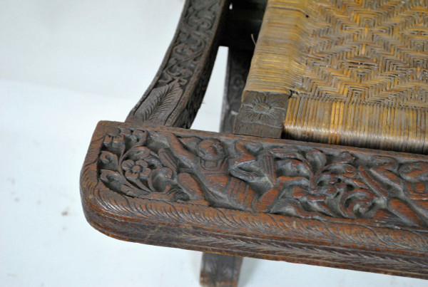 Folding Chair In Carved Exotic Wood And Canework, Asia, Late 19th/early 20th Century