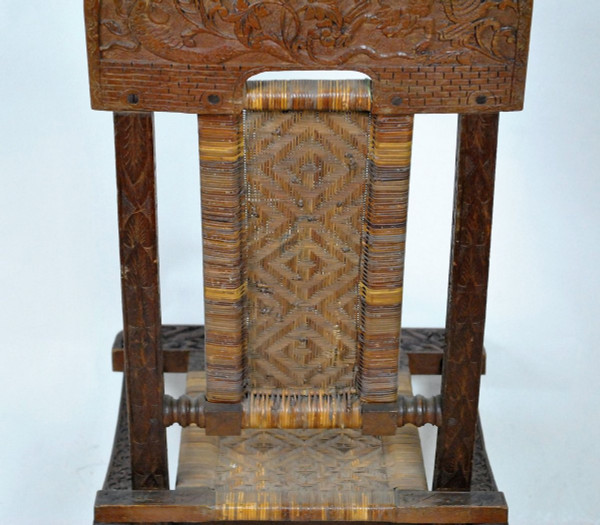 Folding Chair In Carved Exotic Wood And Canework, Asia, Late 19th/early 20th Century