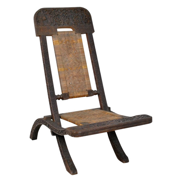 Folding Chair In Carved Exotic Wood And Canework, Asia, Late 19th/early 20th Century