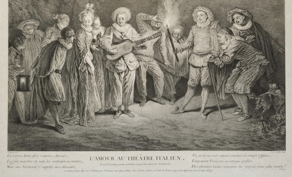  L'amore al teatro italiano secondo Antoine Watteau XIX incisione