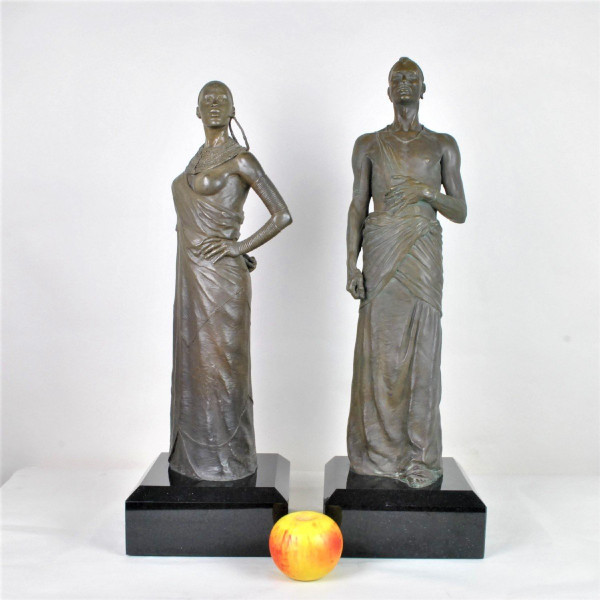 *Offre spéciale*Large Bronzes Couple Of Massai, 20th Century