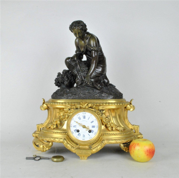 Bronze Clock, Woman With Flowers, Schenewerk, 19th century